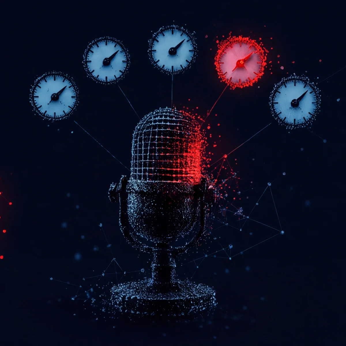 A desktop microphone rendered as particles with an arc of small gauges above it