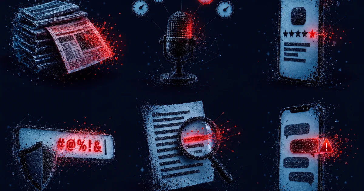 Six particle illustrations: a newspaper stack, a microphone with gauges, a phone with app reviews, a prompt box with a shield, a document under a magnifying glass, and a phone with text messages