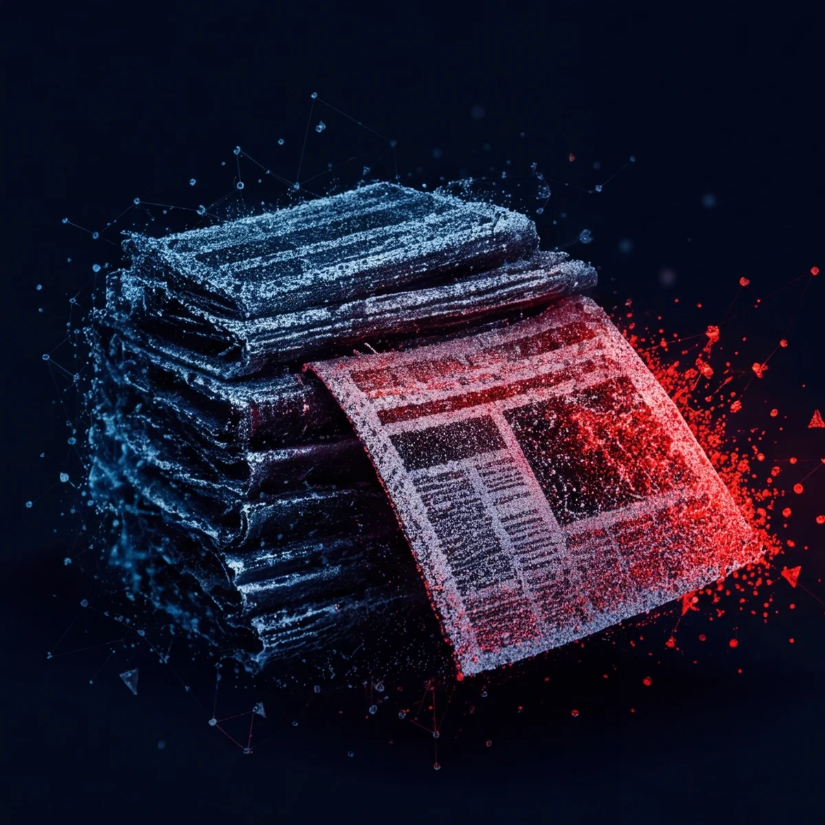 A stack of newspapers rendered as particles, one paper pulled out in red