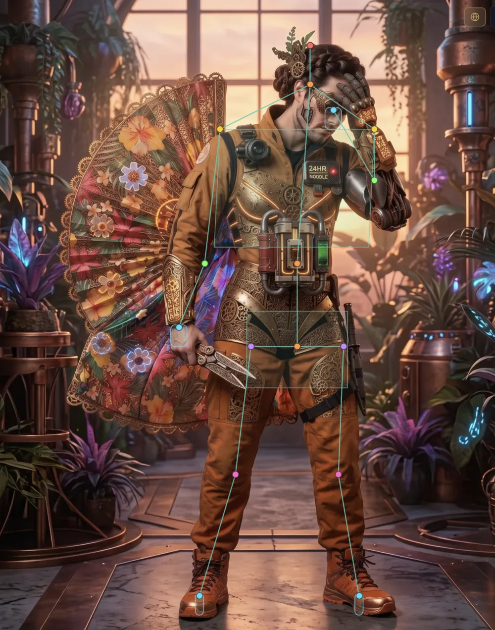 Nano Studio Pro overlaying pose keypoints and body-part regions on a generated character