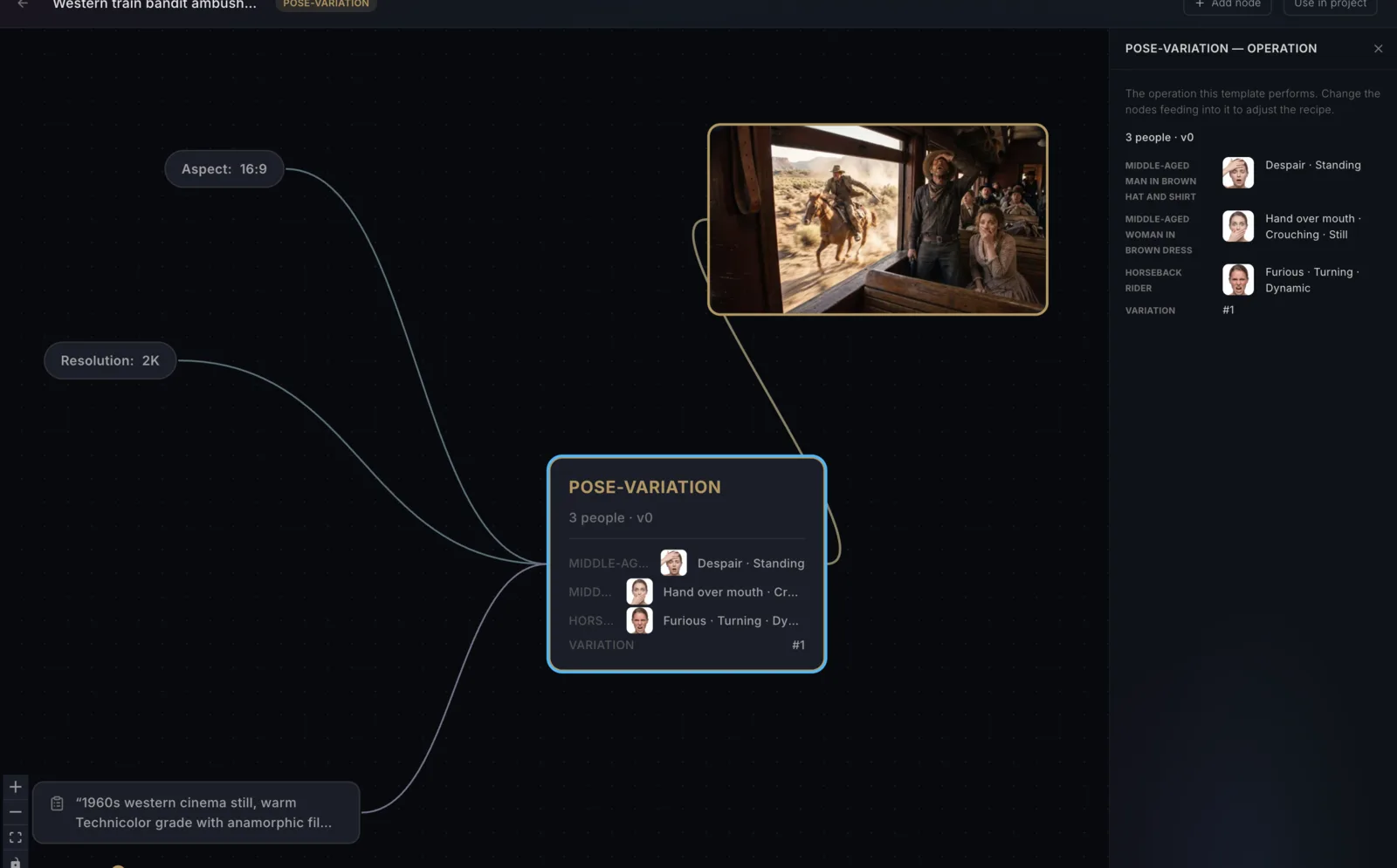 A Nano Studio Pro recipe shown as a node graph, with per-person pose and expression controls