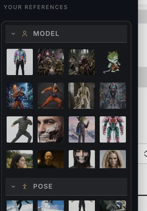 The Nano Studio Pro reference library, organized into model, pose, and background categories