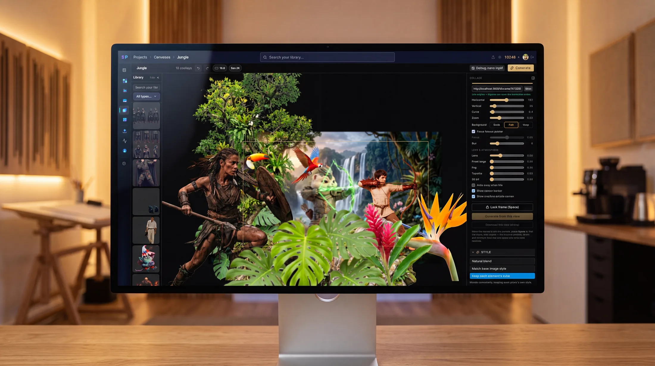 The Studio Pro AI canvas editor open on a studio display, compositing a jungle scene from many image overlays with depth and lens controls