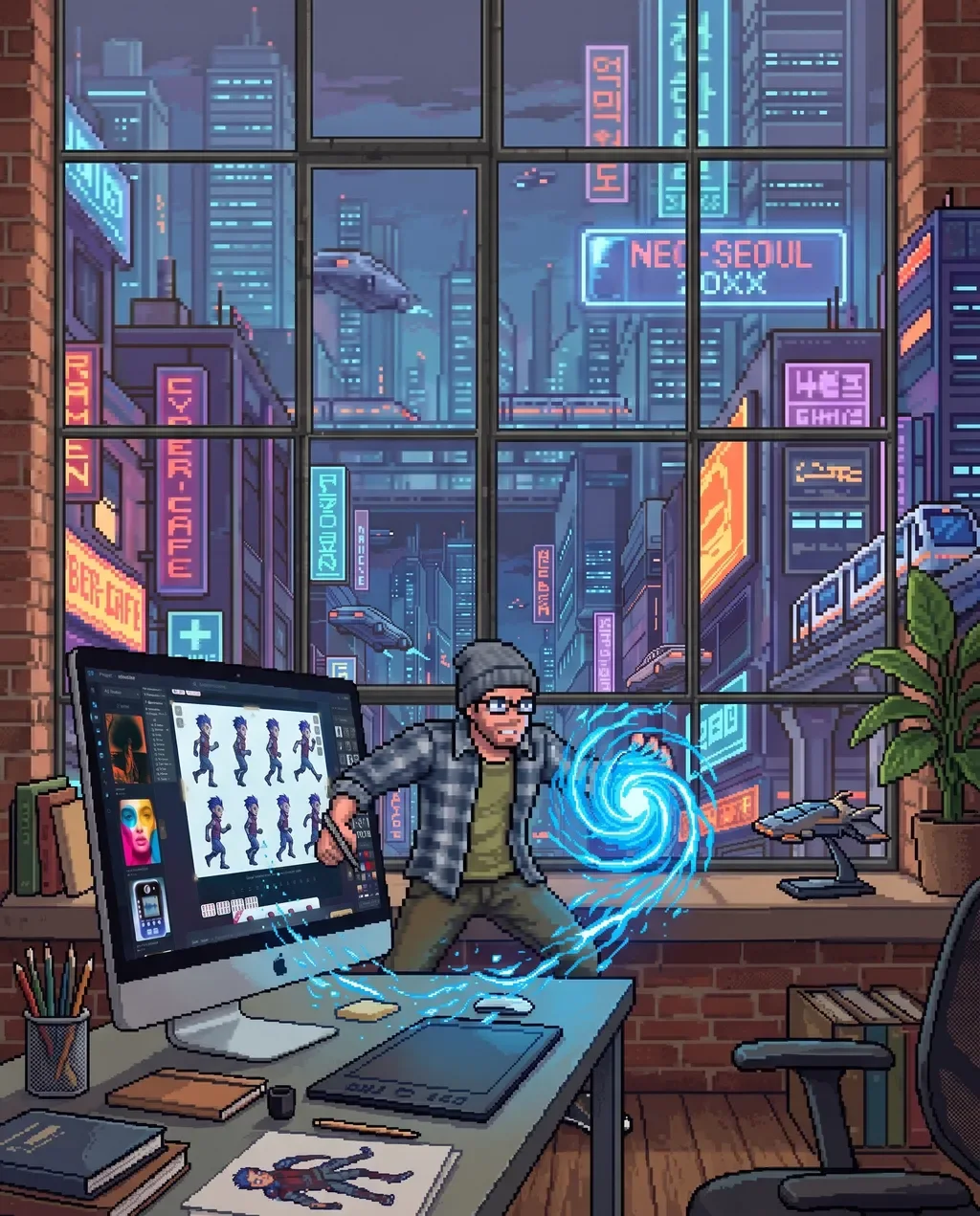 A developer building with the Studio Pro API at their desk, pixel-art style