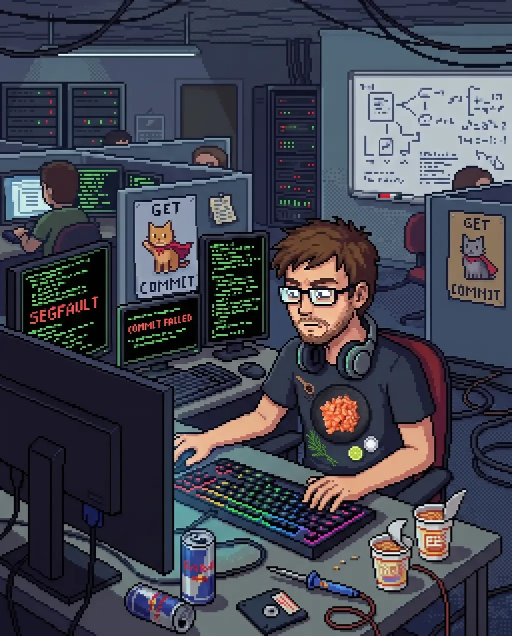 A programmer debugging code late at night, pixel-art style