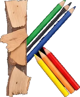 A letter K with a stem of split birch and arms of coloured pencils