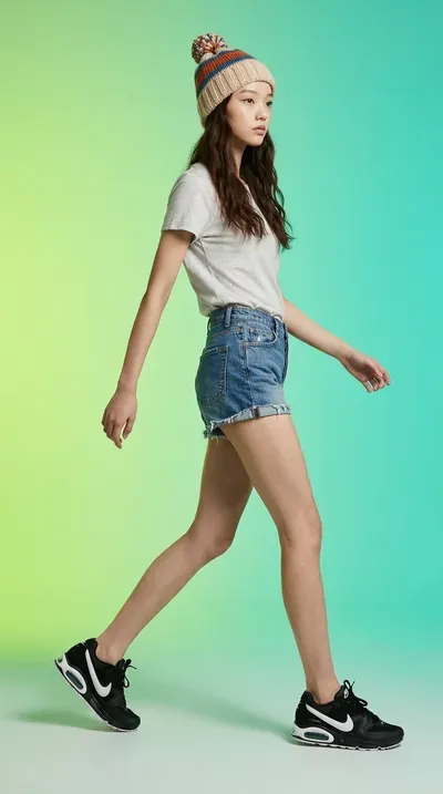 Product photo generated with Nano Banana 2 — a model in a white tee and denim shorts