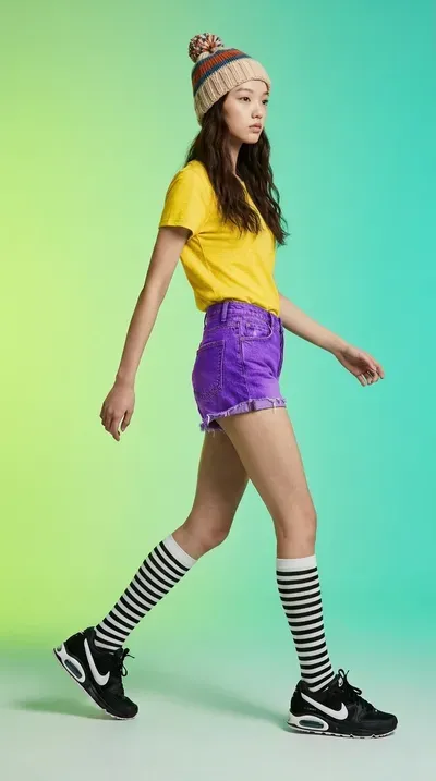 The same model restyled with Nano Banana 2 — a yellow tee, purple shorts and striped socks